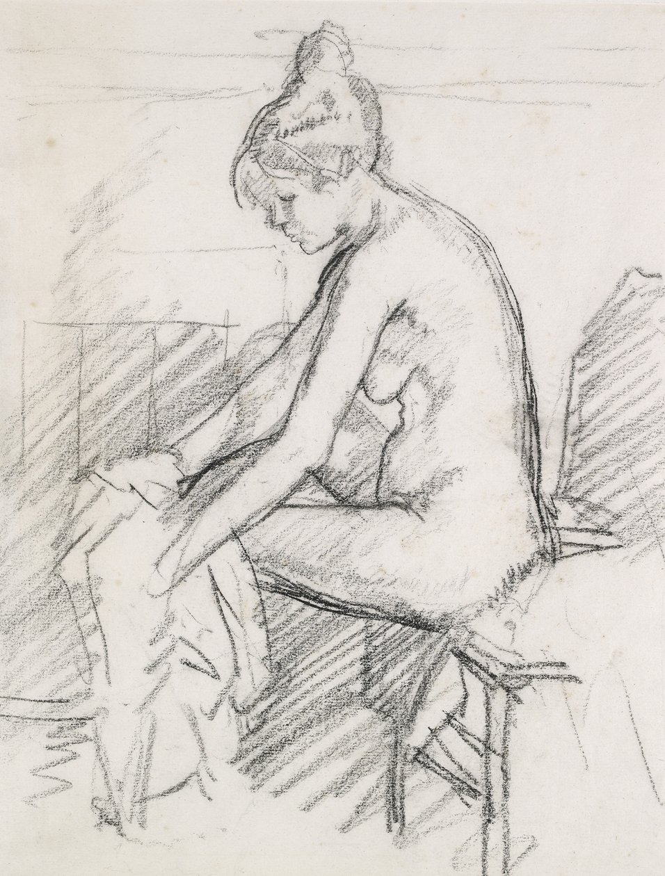 Çıplak Bir Kadının Çalışması, Oturmuş, Sağ Ayağını Kurutuyor (kömür) by Harold Gilman