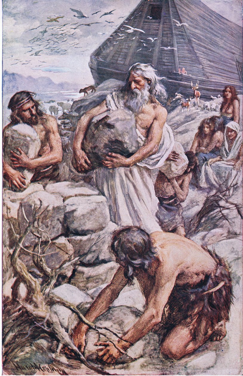 Nuh sunağını inşa ediyor, Taç Dizisini Öğreten Resimlerden bir örnek, 1920 by Harold Copping