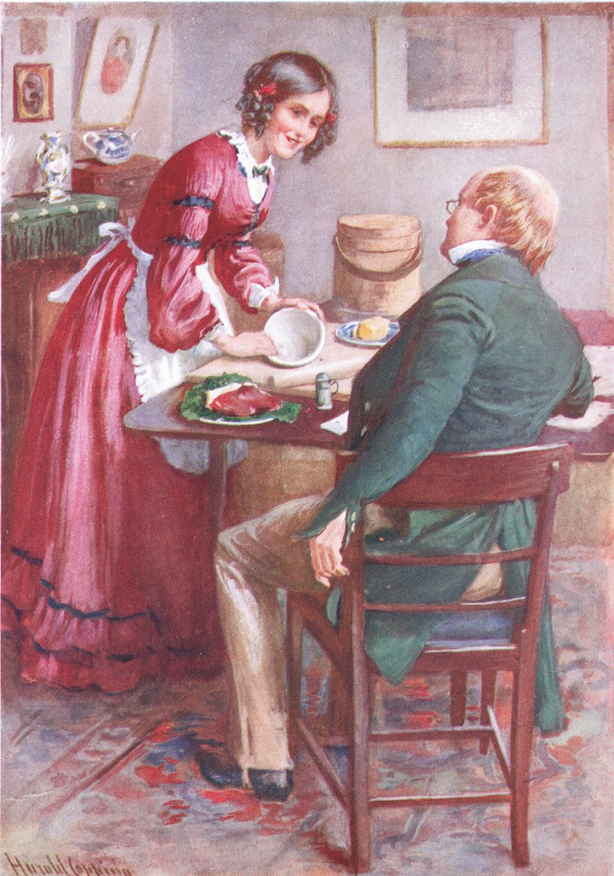 Ruth Pinch bir Puding yapıyor, B.W. mat by Harold Copping