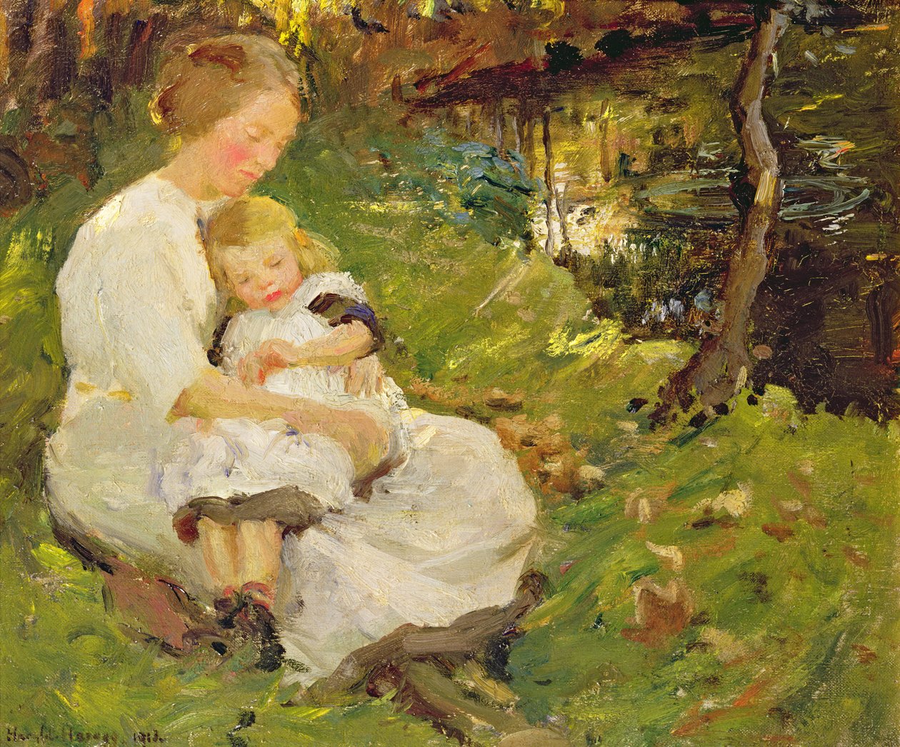 Ormanlık Bir Peyzajda Anne ve Çocuk by Harold Harvey