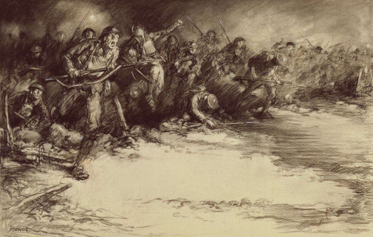 Karşı Saldırı, c.1918 (kağıt üzerine kurşun kalem) by Harold James Mowat