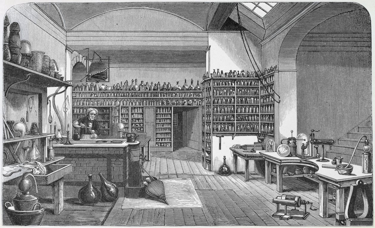 Michael Faraday (1791-1867), bodrum laboratuvarında, Henry Bence Jones