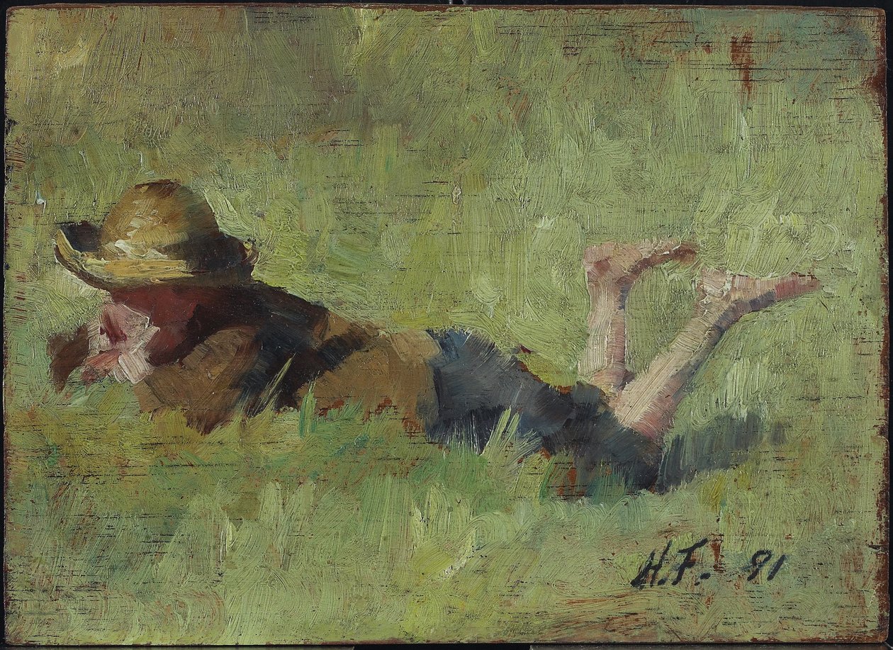 Çimlerde Yatan Çocuk, 1890 (ahşap panel üzerine yağlı boya) by Harriet Mary Ford