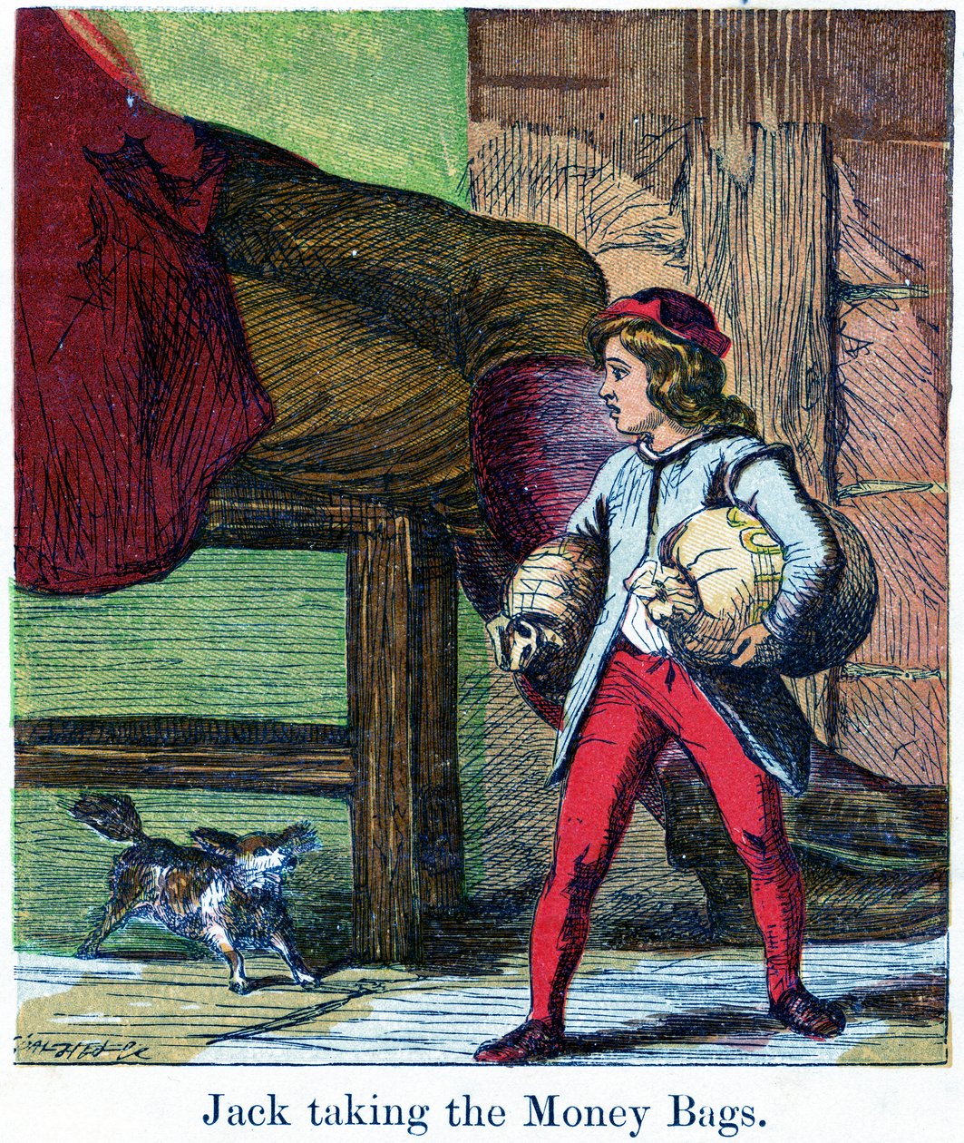 Jack, Giant'ın kalesinden para çantalarını alırken, 1867 (chromolitho) by Harrison William Weir