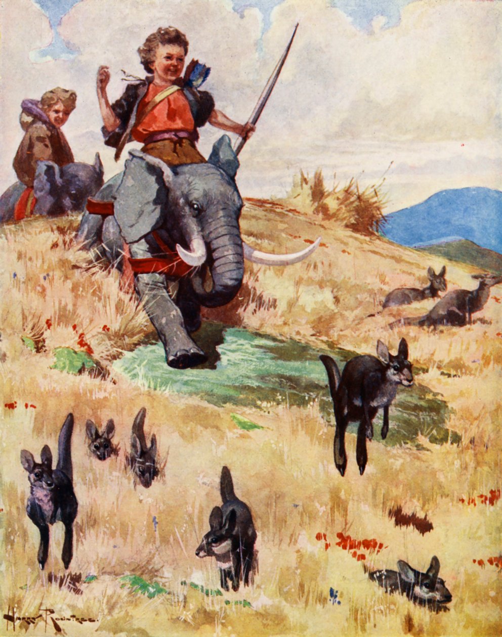 Kanguruları Avlamak (renkli taş baskı) by Harry (1878-1950) Rountree