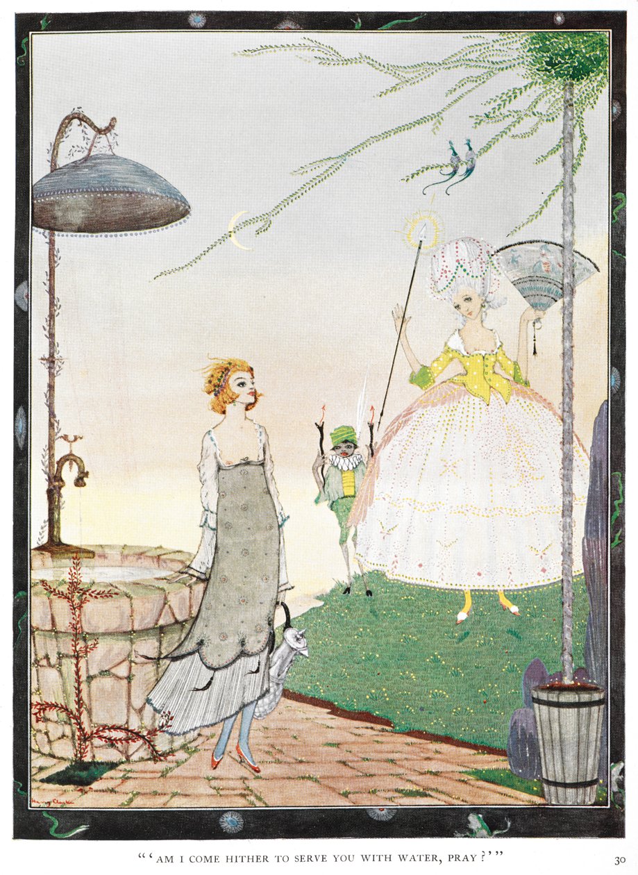 "Buraya size su ikram etmeye mi geldim, dua edin?" "Peri" öyküsünün illüstrasyonu. İyi giyimli bir bayan görünümünde bir peri ile tanışan genç bir kadın. by Harry Clarke