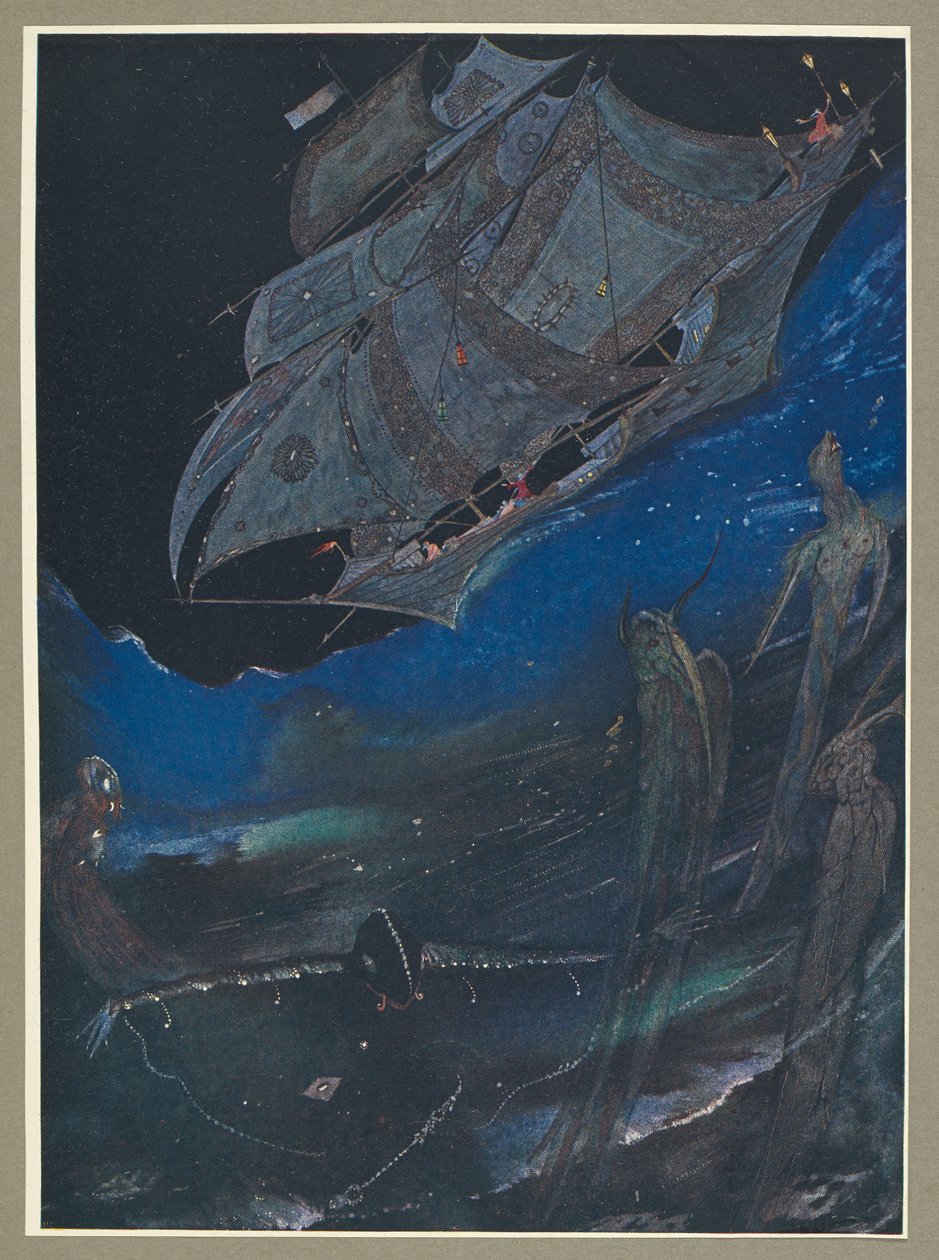 Denizde bir gemiyi ve altındaki balıkları gösteren bir illüstrasyon. by Harry Clarke