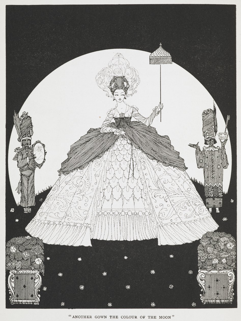 "Ay renginde bir elbise daha". 'Eşek derisi' hikayesi için bir illüstrasyon. Elinde bir şemsiye tutan güzel bir prenses, iki yanında da iki hizmetçi duruyor. by Harry Clarke