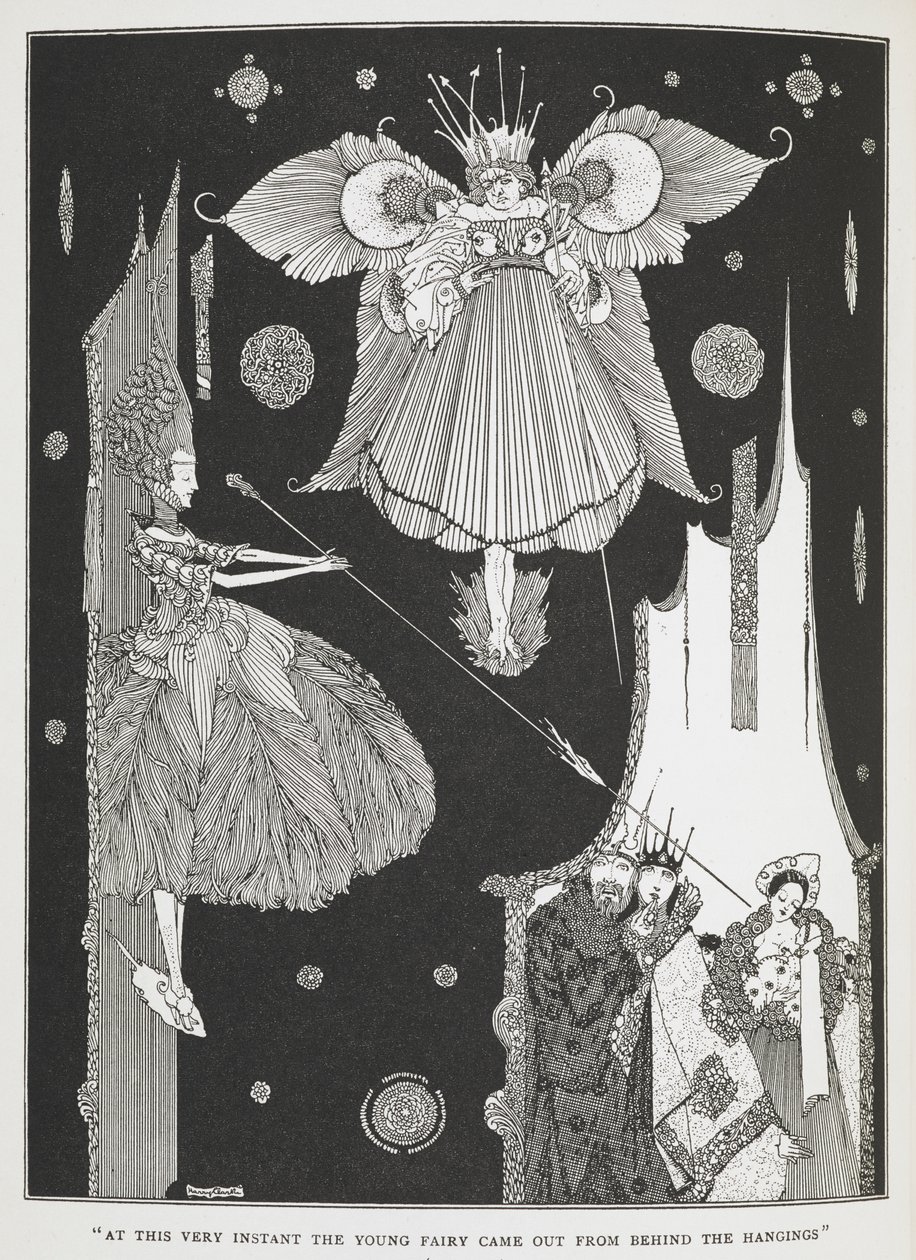 "Tam o anda genç peri perdelerin arkasından çıktı." 'Ormanda Uyuyan Güzel' öyküsünün illüstrasyonu. by Harry Clarke