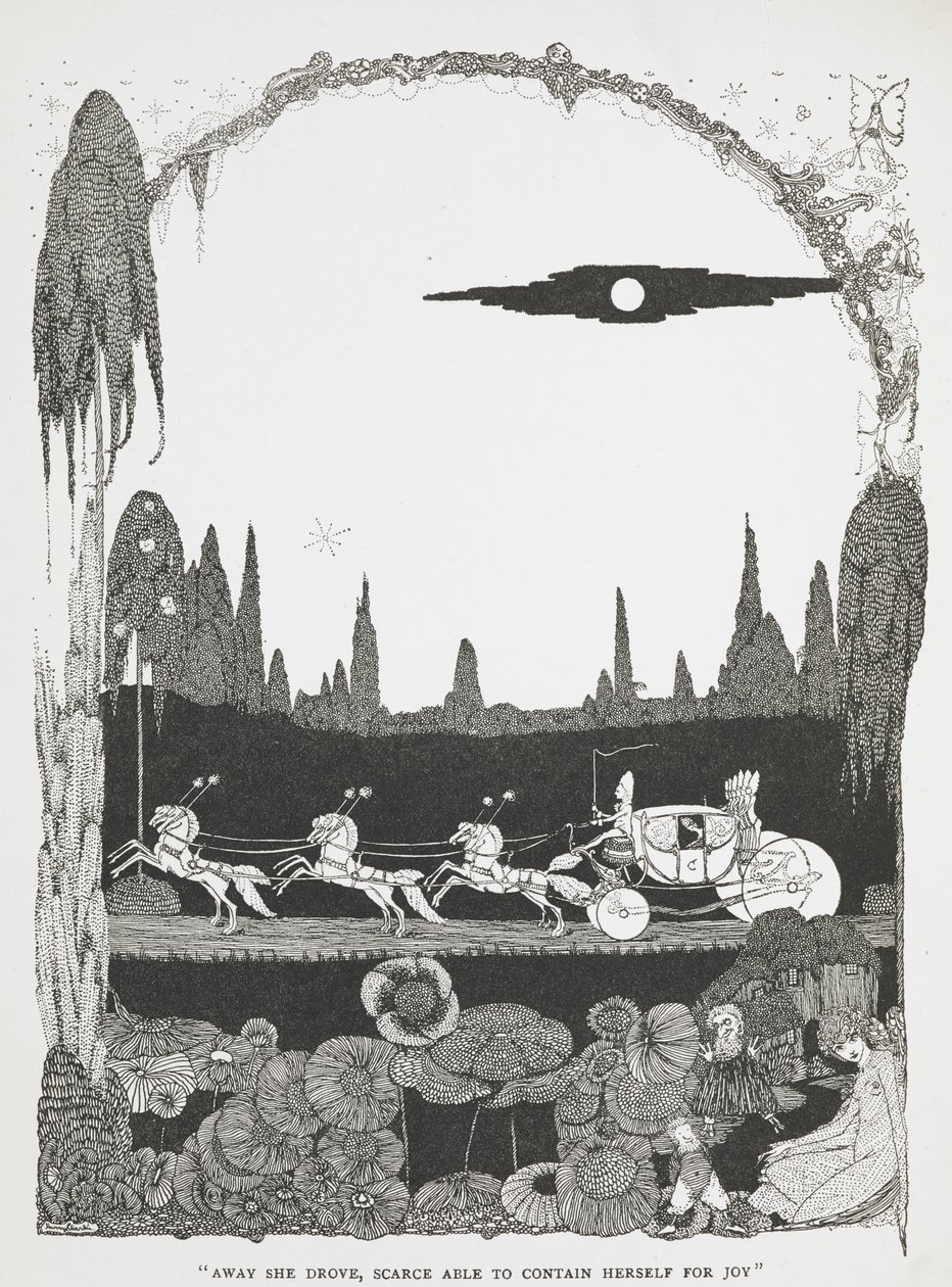 "Kendini sevinçten zar zor zaptederek uzaklaştı." Külkedisi veya küçük cam terlik hikayesi için illüstrasyon. by Harry Clarke