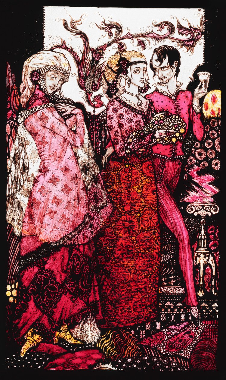 Bert the Bigfoot, Sung by Villon". "Queens", asitli, lekeli ve boyalı dokuz cam panel, Illustrating J.M. Synge" şiiri, 1917 by Harry Clarke