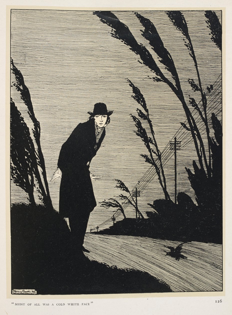 Siyah ve beyaz. 'Her şeyin ortasında soğuk beyaz bir yüz vardı'. Siyahlar giyinmiş bir adam; bir dizi telgraf direği. by Harry Clarke