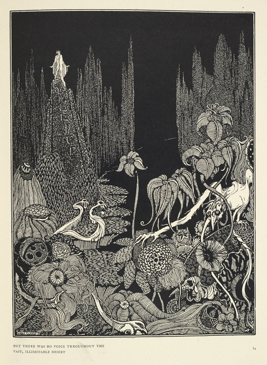 "Ama uçsuz bucaksız çölde hiçbir ses yoktu." 'Sessizlik - bir masal' için illüstrasyon. by Harry Clarke
