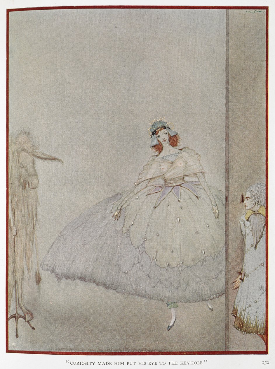 "Merak, gözünü anahtar deliğine dikmesine neden oldu." 'Eşek derisi' öyküsünün illüstrasyonu. Bir prenses tarafından gözetlenen bir prenses. by Harry Clarke
