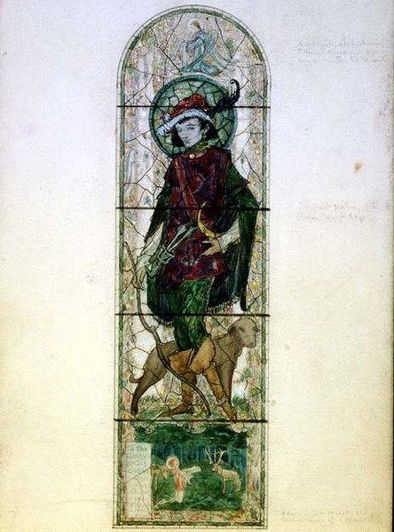 St. Hubert figürlü tek ışıklı pencere tasarımı by Harry Clarke