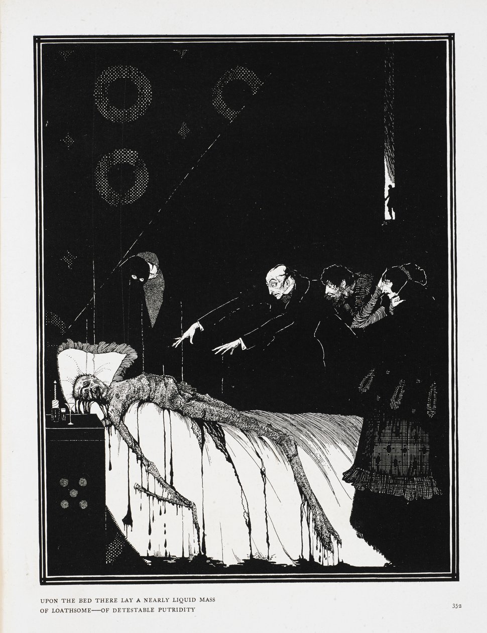 Yataktan neredeyse sıvı bir iğrenç, iğrenç kokuşmuşluk kütlesi yatıyordu. Hikaye için bir illüstrasyon, 'M. Valdemar vakasındaki gerçekler'. by Harry Clarke