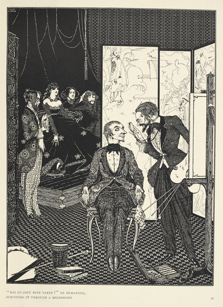 "Kopyası alınmadı mı?" diye sordu, onu mikroskopla inceleyerek. 'Çan Kulesindeki Şeytan' hikayesi için çizim. by Harry Clarke