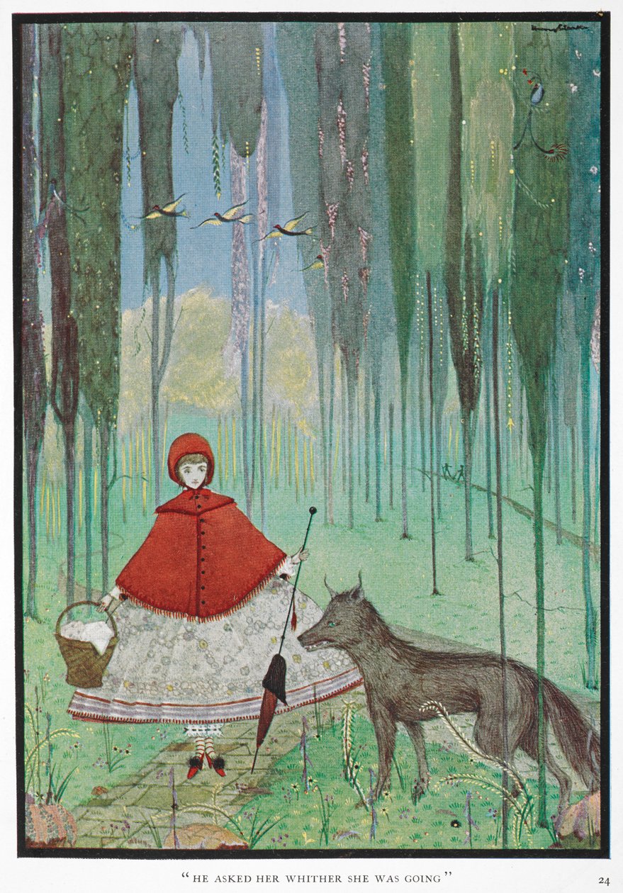 "Nereye gittiğini sordu." Kırmızı Başlıklı Kız ormanda kurtla tanışır. by Harry Clarke