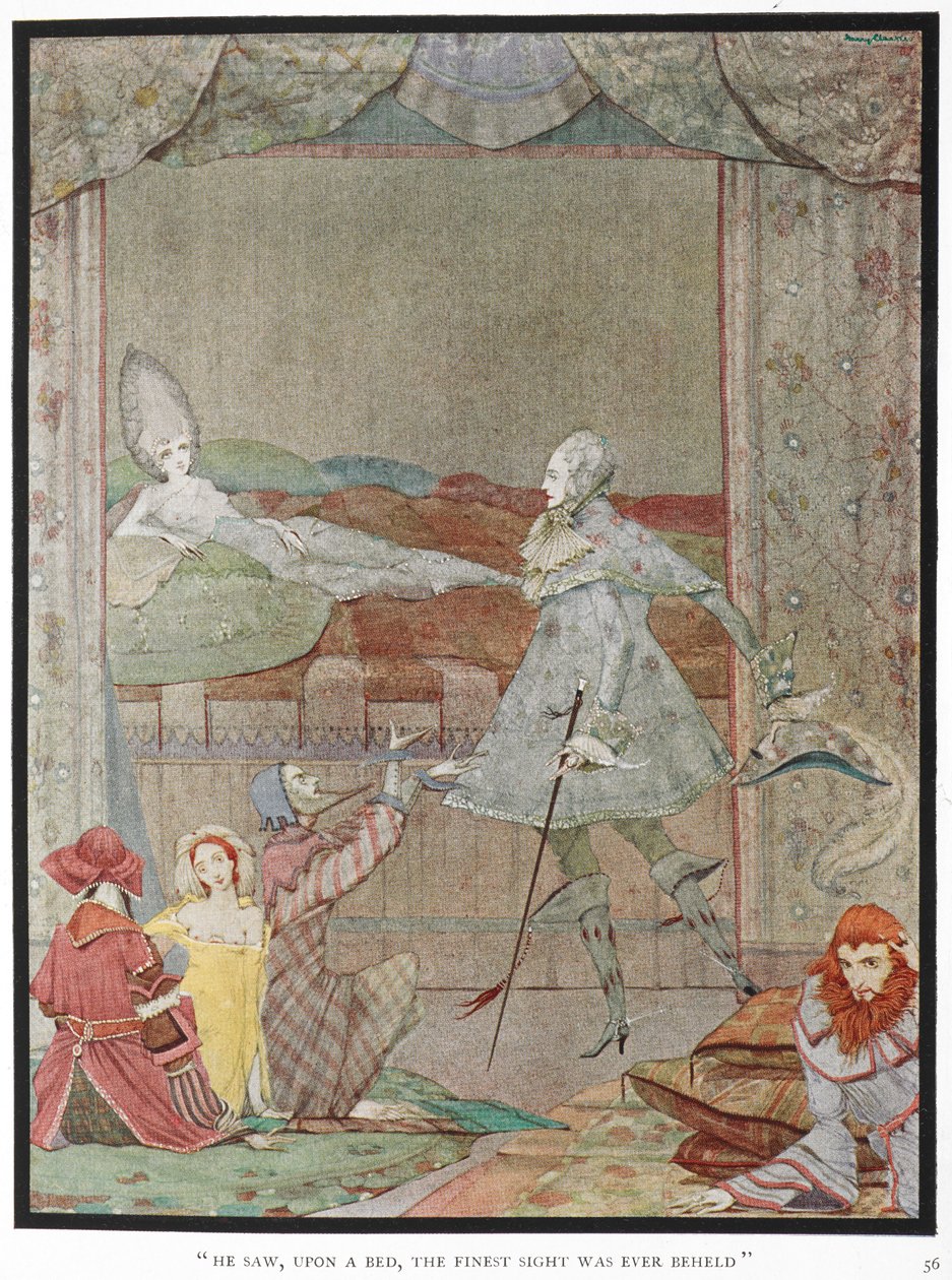 "Yatağın üzerinde şimdiye kadar görülen en güzel manzarayı gördü." Prens, "Uyuyan Güzel" Prensesi yatağında görüyor. by Harry Clarke