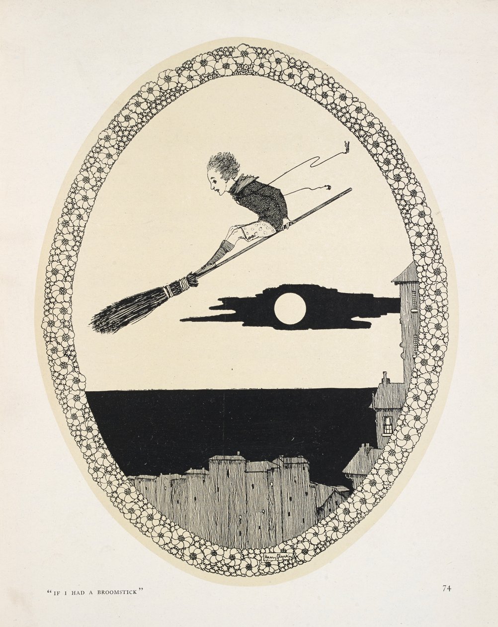 "Bir süpürgem olsaydı". Patrick R. Chalmers'ın bir şiiri için illüstrasyon. Süpürgeye binmiş bir çocuk by Harry Clarke