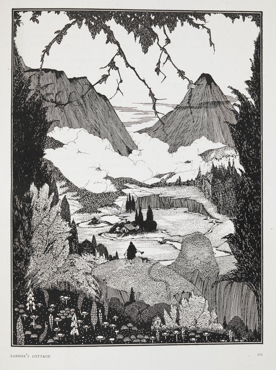'Landor'un kulübesi' hikayesi için illüstrasyon.. Dağlık bir manzara. by Harry Clarke
