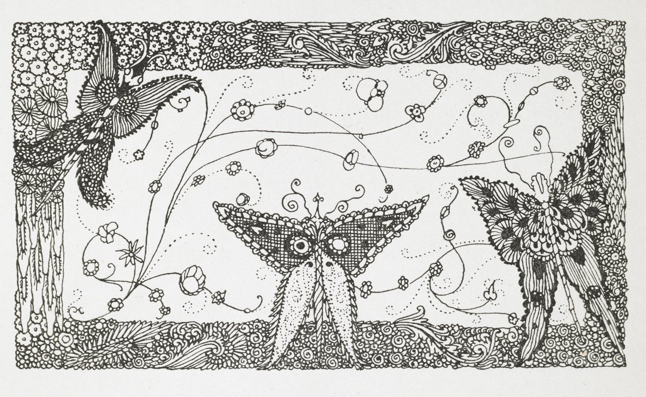 'Usta Kedi veya Çizmeli Kedi' öyküsünün illüstrasyonu. Bir kelebek tasarımı. by Harry Clarke