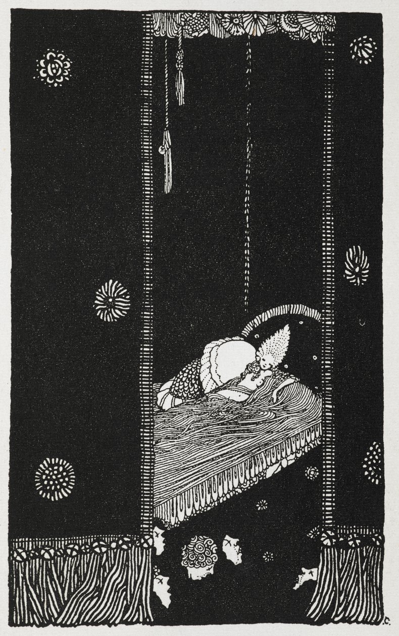 'Ormanda uyuyan güzel' öyküsünün illüstrasyonu. Uyuyan Güzel yatağında. by Harry Clarke