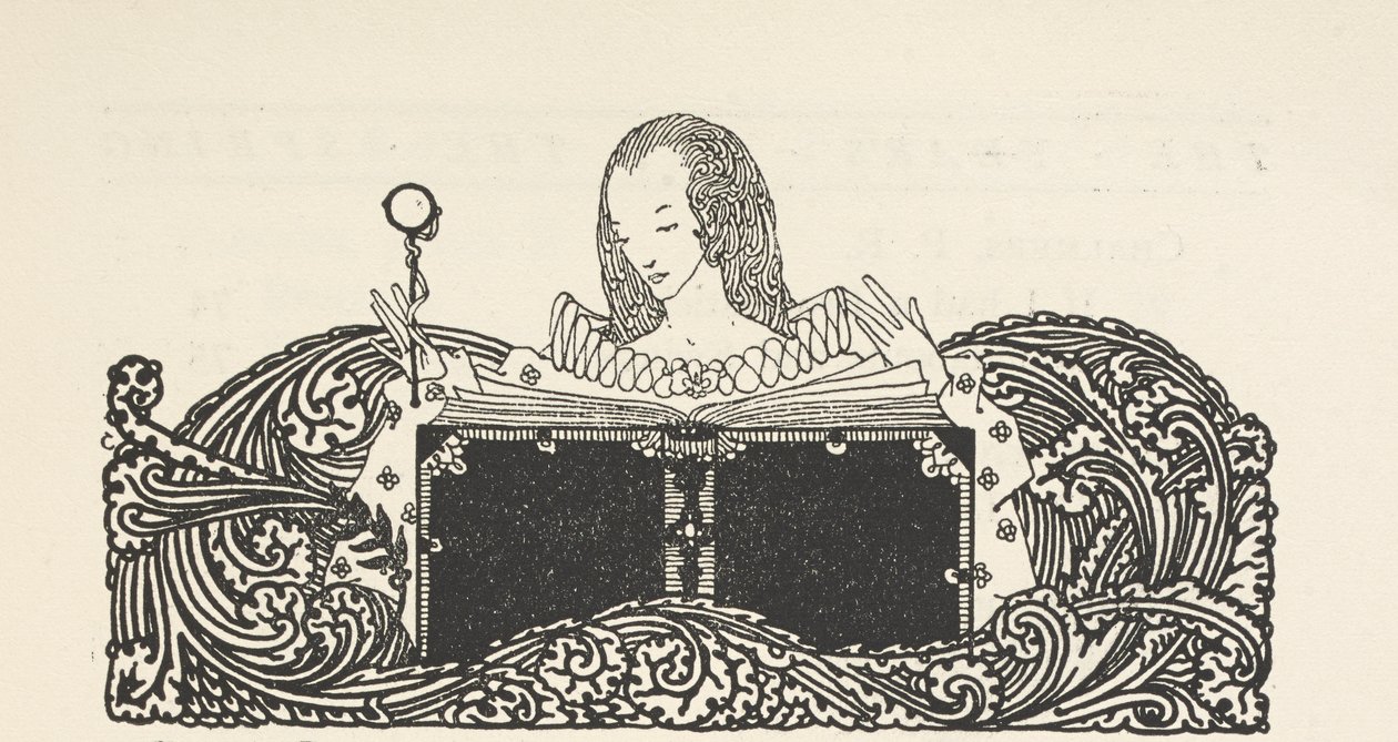 İçindekiler sayfasının üst kısmında kitap okuyan bir kadını gösteren illüstrasyon. by Harry Clarke