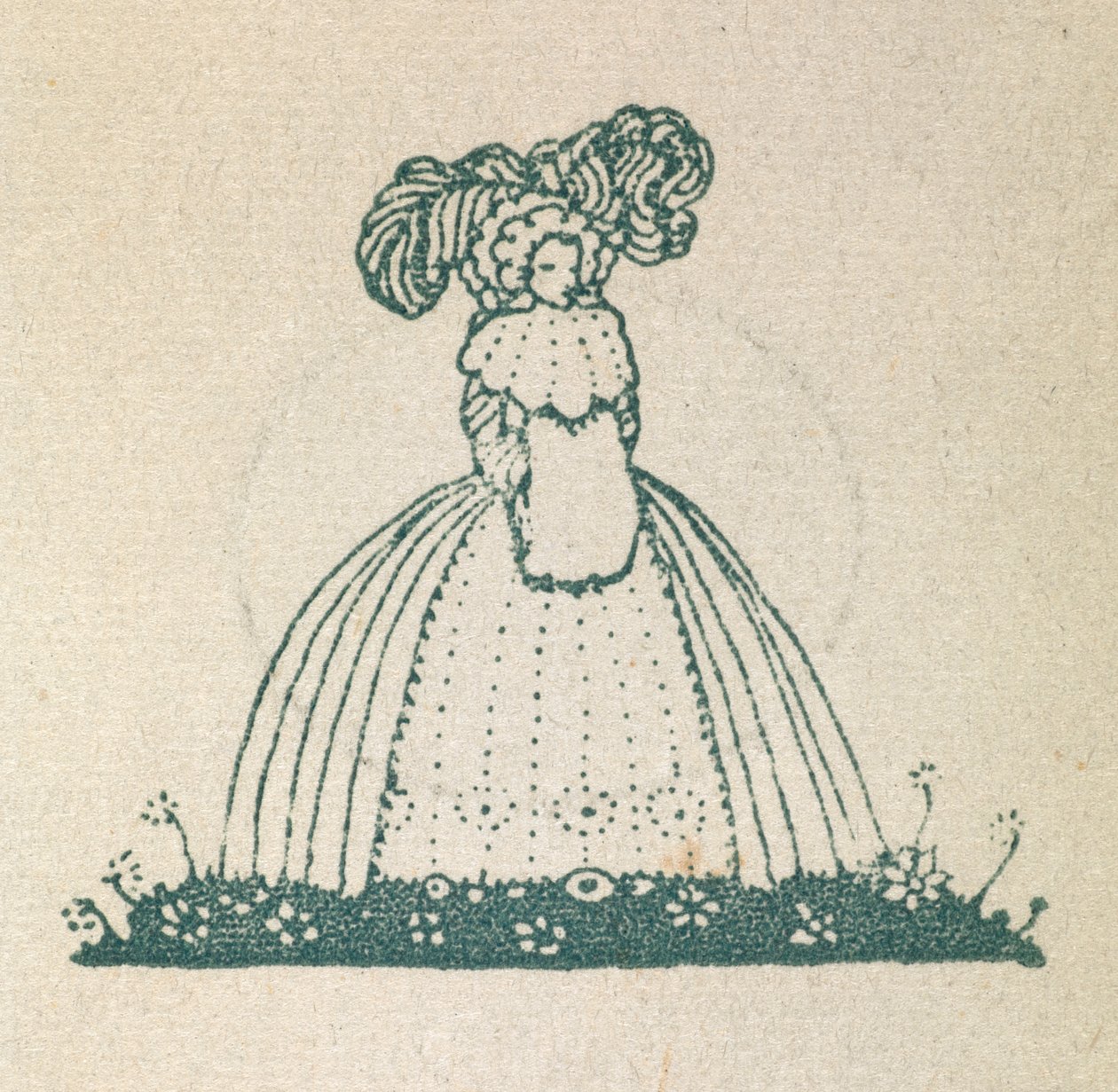 Büyük bir elbise giyen bir kadını gösteren illüstrasyon. by Harry Clarke