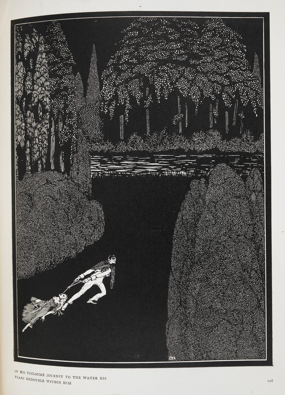 Suya doğru yaptığı zorlu yolculukta korkuları da onunla birlikte iki katına çıkıyor. 'Marie Roget'in Gizemi' öyküsünün illüstrasyonu. by Harry Clarke