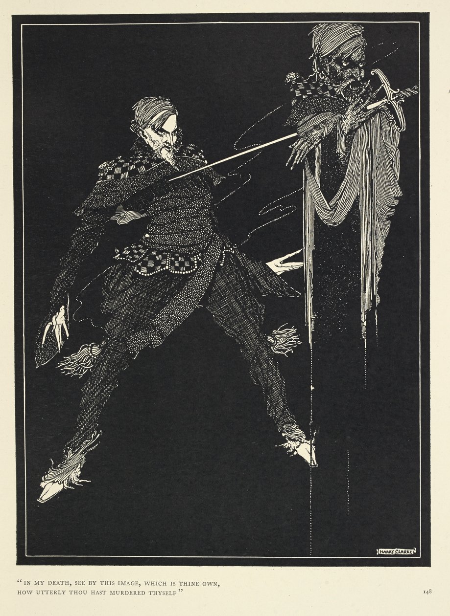 "Ölümümde, sana ait olan bu görüntüye bak, kendini nasıl tamamen öldürmüşsün". "William Wilson", The Gift (1839)'da anlatıcının ikizi. by Harry Clarke