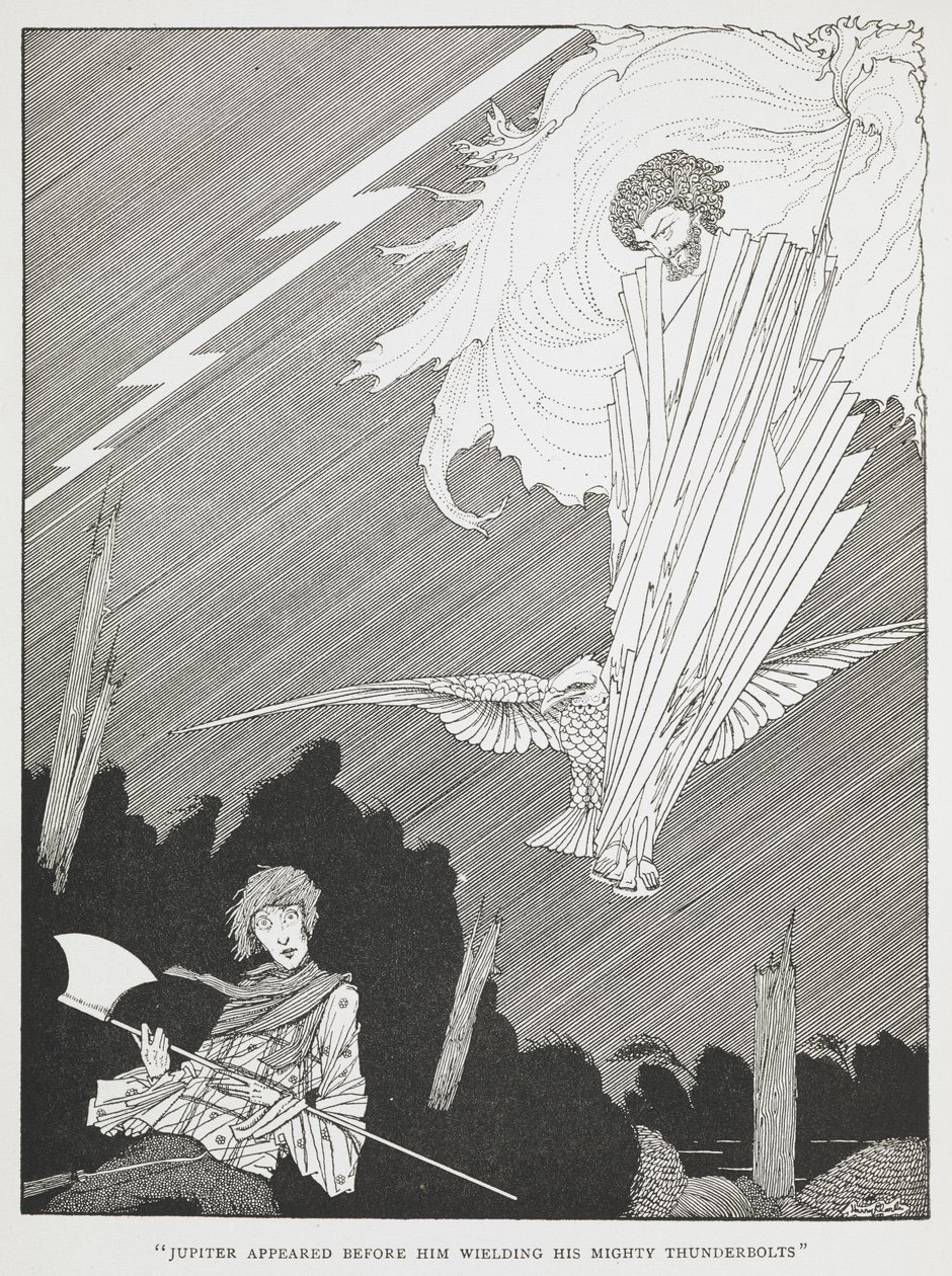 "Jüpiter, güçlü yıldırımlarını kullanarak önünde belirdi." "Saçma dilekler"in illüstrasyonu. by Harry Clarke