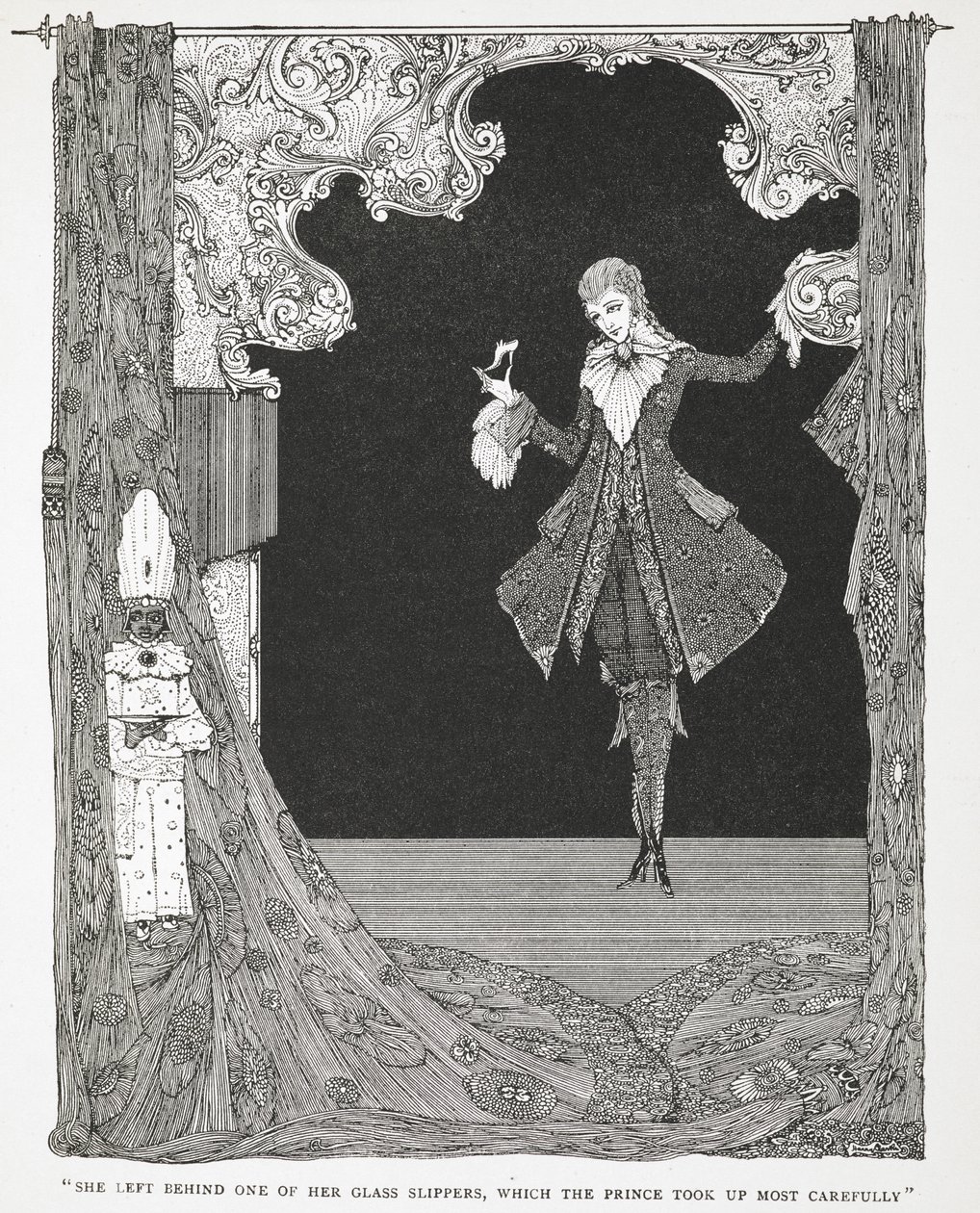 "Prensin çok dikkatli bir şekilde eline aldığı cam terliklerinden birini geride bıraktı." Hikayenin illüstrasyonu, Cinderilla veya The Little Glass Slipper. by Harry Clarke