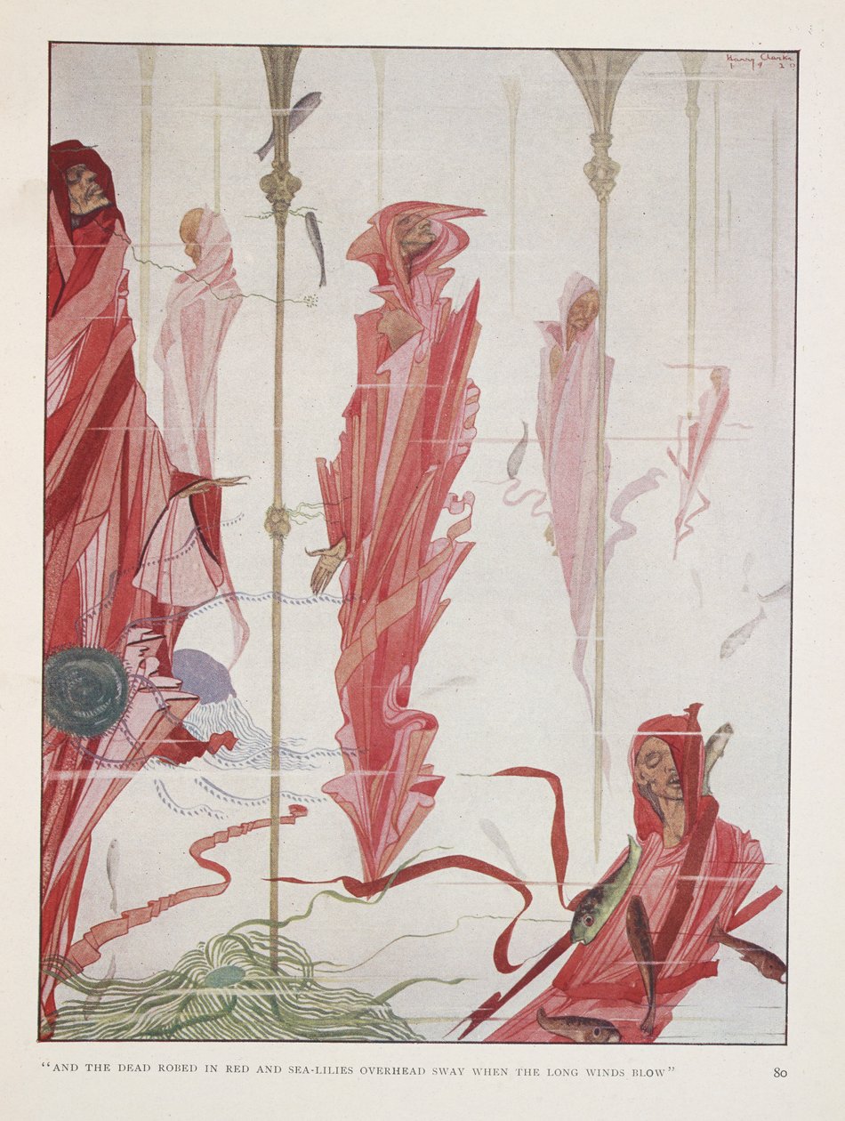 Ölen Vatansever. "Ve kırmızı cübbeli ölüler ve uzun rüzgarlar estiğinde başımızın üzerinde deniz zambakları sallanıyor" by Harry Clarke