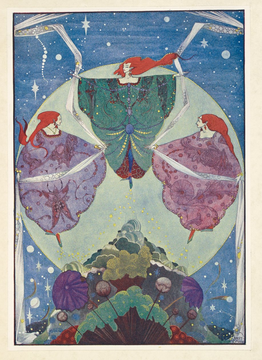Elf Tepesi. Sis ve ay ışığından dokunmuş şallarla dans ettiler. by Harry Clarke