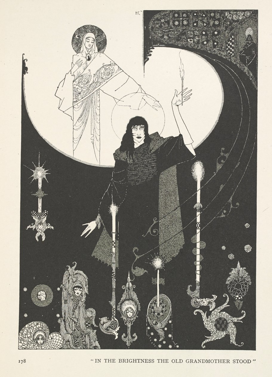 Küçük Kibritçi Kız. Aydınlığın içinde yaşlı büyükanne duruyordu. by Harry Clarke