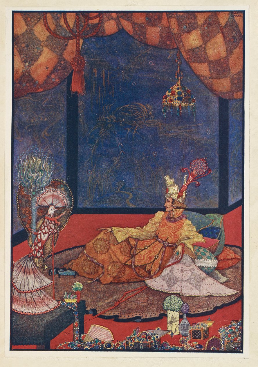 Bülbül. Yapay kuş, İmparator'un yatağının yanındaki ipeksi bir minderin üzerinde yerini almıştı. by Harry Clarke