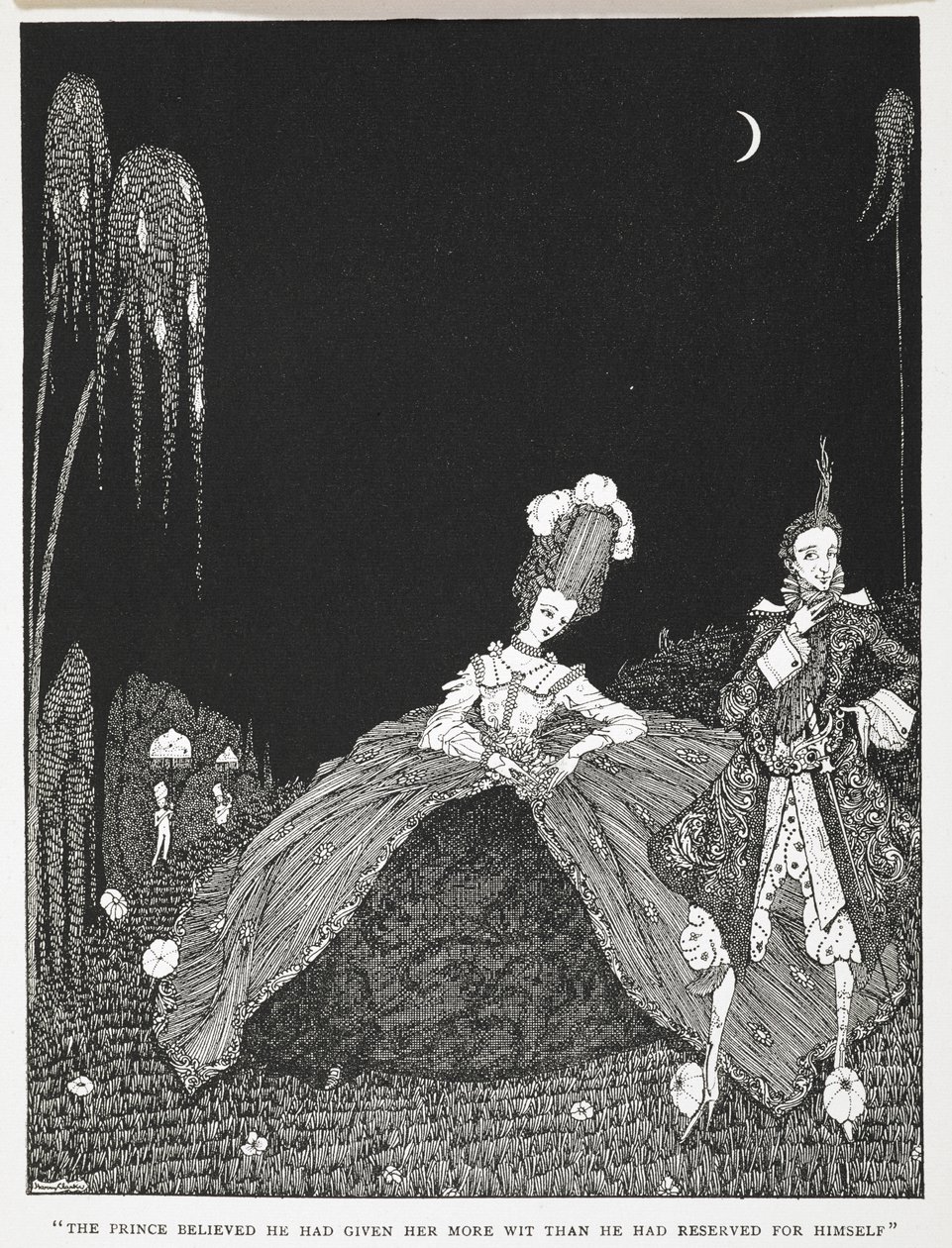 "Prens ona kendisine ayırdığından daha fazla zeka verdiğine inanıyordu." 'Püsküllü Riquet' öyküsünün illüstrasyonu. by Harry Clarke