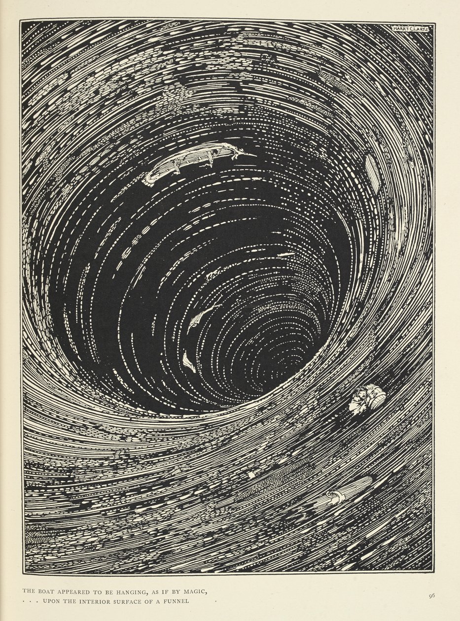"Tekne, çevresi geniş bir huninin iç yüzeyinde asılı duruyormuş gibi görünüyordu." 'Maelstrom'a İniş' öyküsünün illüstrasyonu. by Harry Clarke