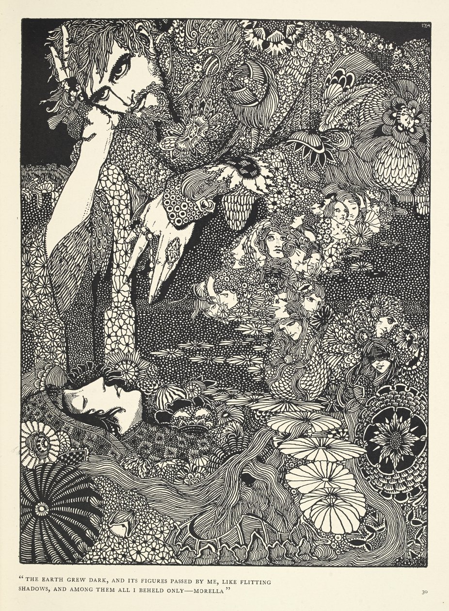 "Dünya karardı ve figürleri, uçuşan gölgeler gibi yanımdan geçti ... Morella." 'Morella' hikayesi için illüstrasyon. by Harry Clarke