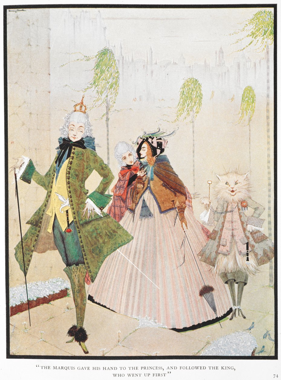 "Marki elini prenslere verdi ve ilk çıkan kralın ardından gitti." 'Usta kedi veya çizmeli kedi' hikayesi için illüstrasyon. by Harry Clarke
