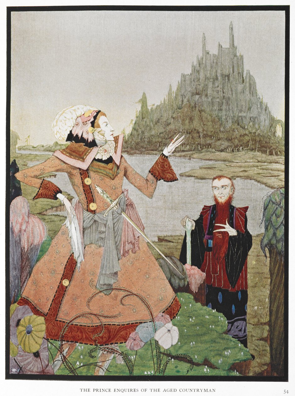 "Prens yaşlı taşralıya soruyor." "Uyuyan güzel" hikayesi için bir illüstrasyon. by Harry Clarke