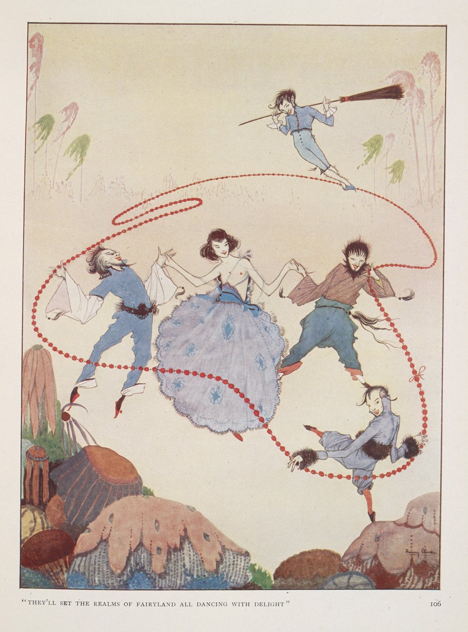 "Hepsi zevkle dans ederek periler diyarı alemlerini kuracaklar". Rose Fyleman tarafından sonbaharda Sadaka için İllüstrasyon. Havada dans eden figürler. by Harry Clarke
