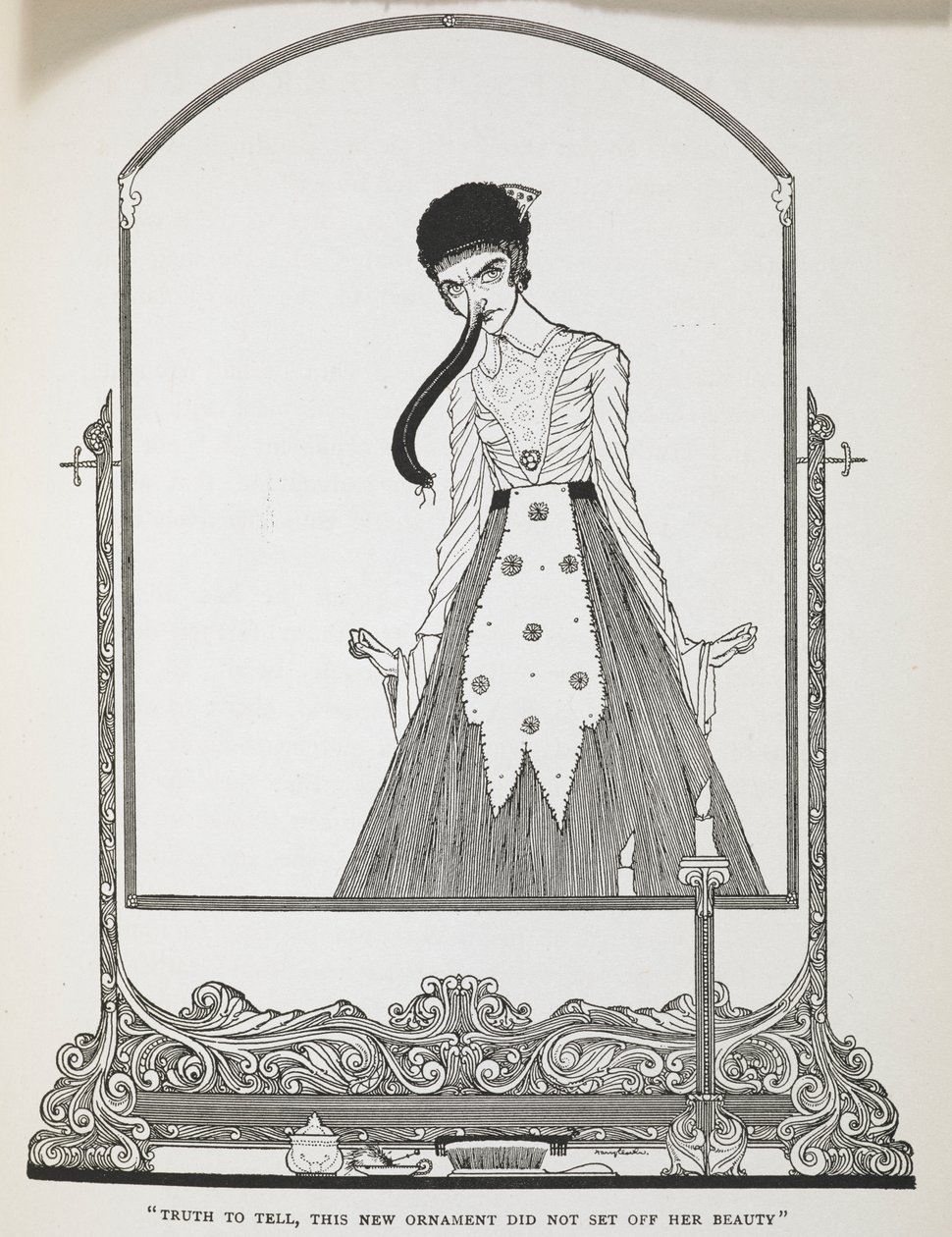 "Doğrusunu söylemek gerekirse bu yeni süs onun güzelliğini ortaya çıkarmadı." Hikayenin illüstrasyonu, 'saçma dilekler'. by Harry Clarke