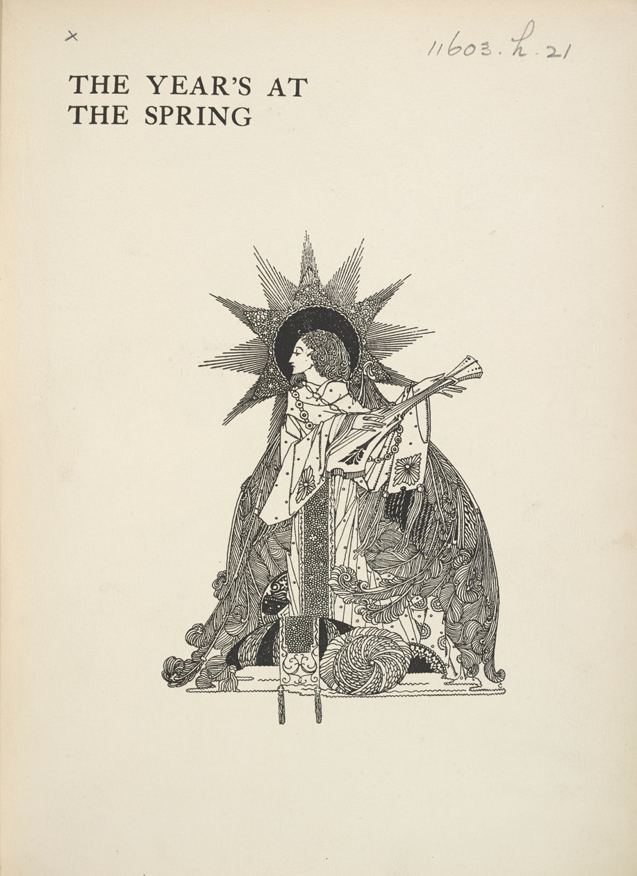 Başlıksız illüstrasyon. Bir müzik aleti çalan bir kadın. by Harry Clarke