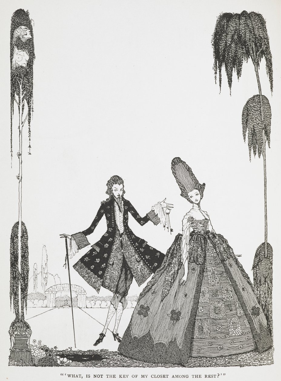"Ne yani, dolabımın anahtarı diğerlerinin arasında değil mi?" 'Mavi Sakal' öyküsünün illüstrasyonu. by Harry Clarke