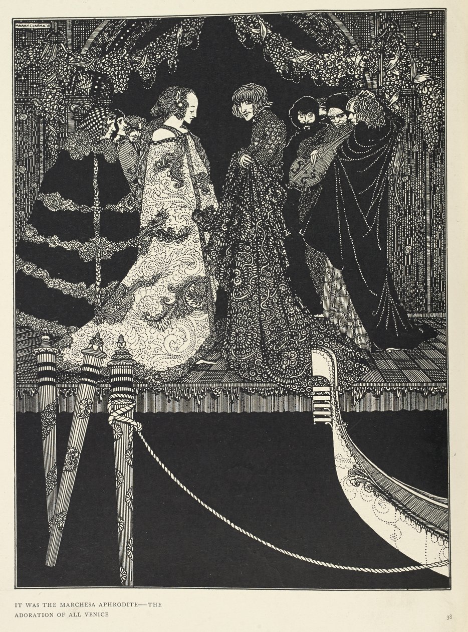 "Bu, tüm Venedik'in hayranlığı olan Marchesa Afrodit'iydi". 'Görev' öyküsünün illüstrasyonu. by Harry Clarke