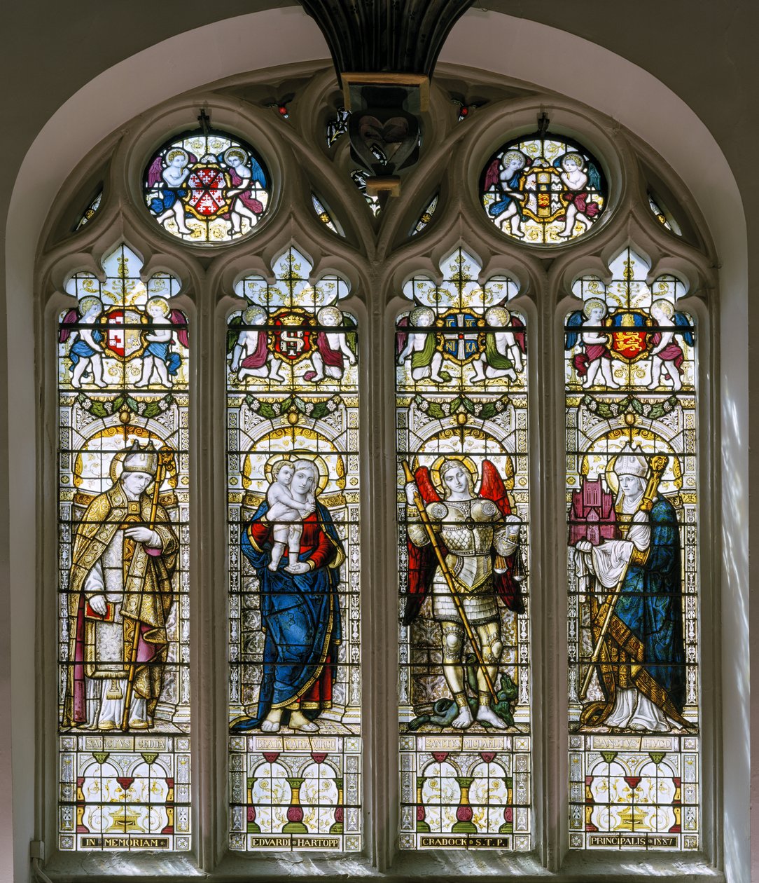 Oxford, Brasenose College Şapeli, James Powell & Sons, Harry Ellis Wooldridge, St Cedda, Madonna & Chils, St Michael, St Hugh by Harry Ellis Wooldridge