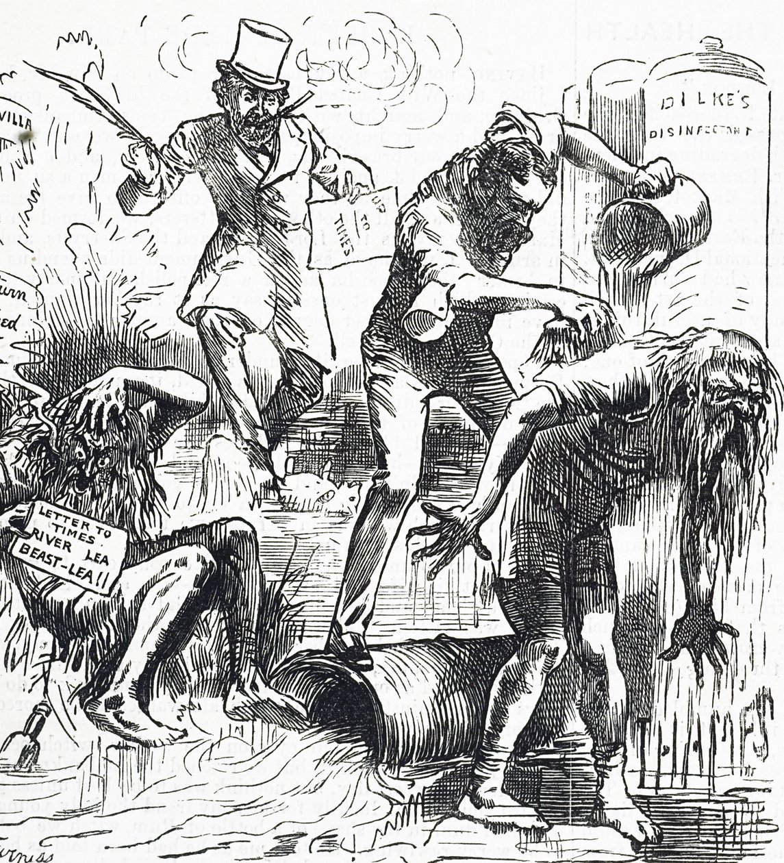 Thames ve Lea Nehirlerinin kirli durumları nedeniyle saldırıya uğradığını gösteren karikatür by Harry Furniss