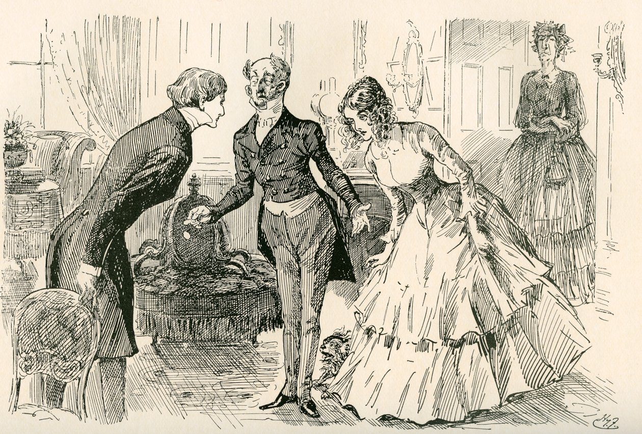 David, Dora ve Bayan Murdstone ile Buluşuyor. "Bay Copperfield, kızım Dora ve kızım Dora'nın gizli arkadaşı Bayan Murdstone!" The Testimonial Edition'dan Charles Dickens romanı David Copperfield için Harry Furniss'in çizimi, 19'da by Harry Furniss